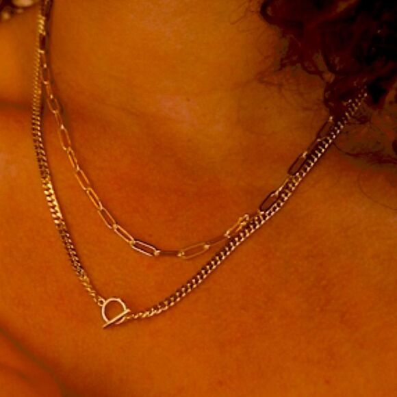 14k Rose Gold Plated Layered Chain Necklace Curb Chain Paperclip Chain - Picture 4 of 9